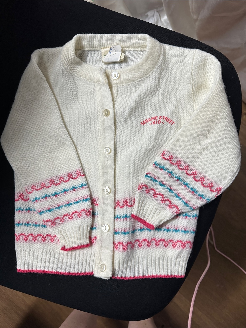 Sesame Street Cream Button-Up Sweater with Pink & Teal Accents vintage